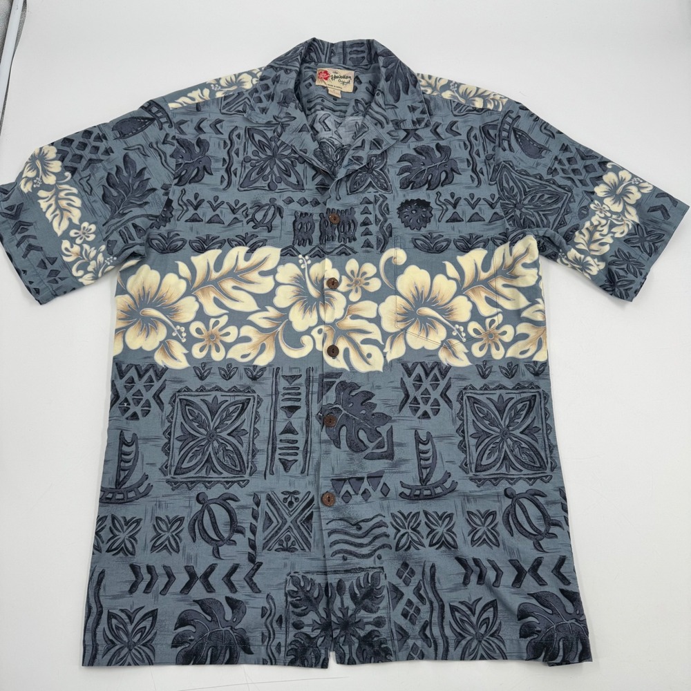 Hilo Hattie Hawaiian Shirt Mens Medium M Blue Floral Turtle Sailboat Button Up